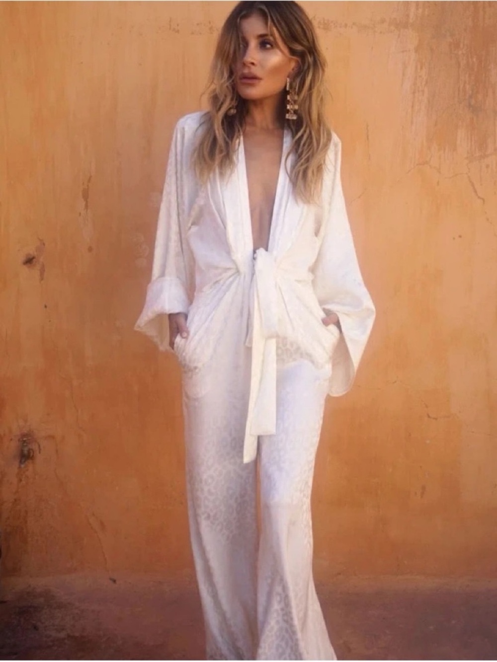 Rat & Boa Cream Tie-Front Satin Robe Jumpsuit